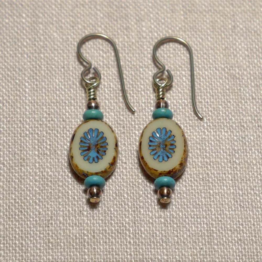 Hand Crafted Handmade Earrings Oval Cream & Blue Czech Glass Petite Earr… - Picture 1 of 4